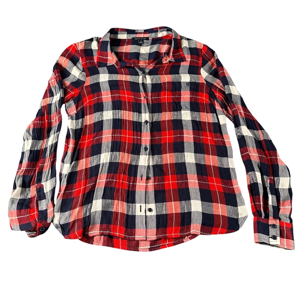 Tommy Hilfiger‎ Womens Plaid Button Down Shirt Red Navy Blue Long Sleeve Size M